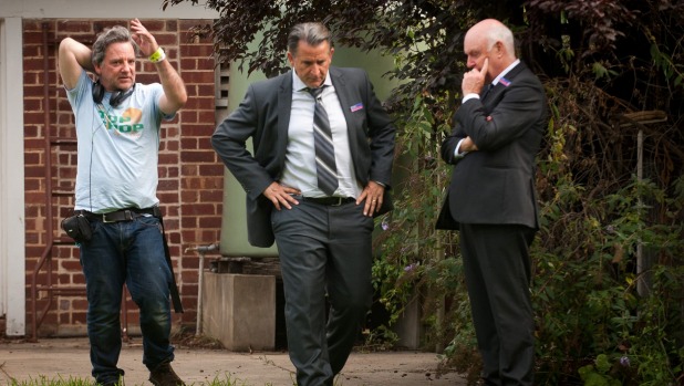 Filming A Month of Sundays brought Anthony LaPaglia, pictured here with writer-director Matthew Saville and co-star John Clarke, back to his hometown of Adelaide.